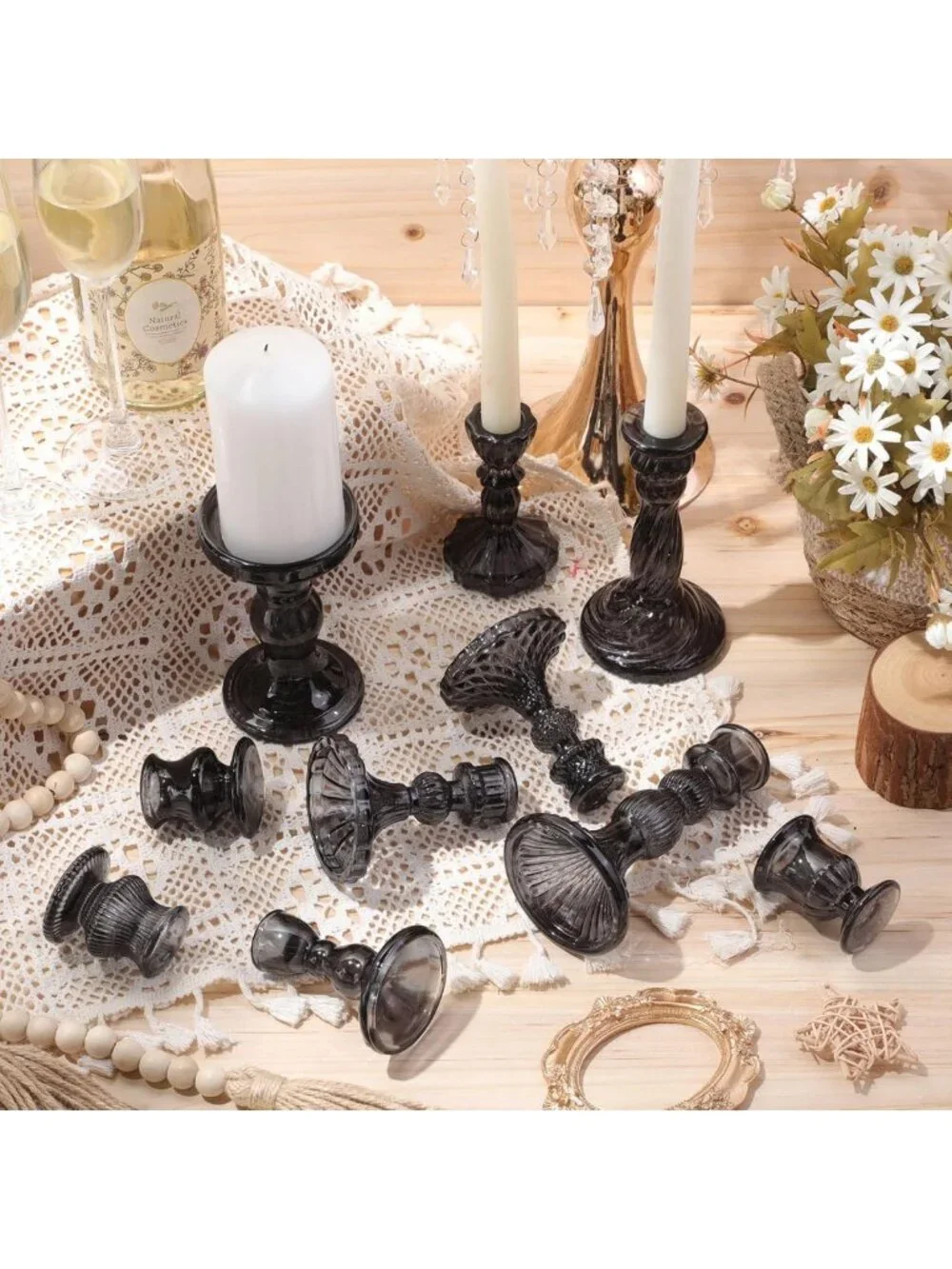 Elegant Black Crystal Taper Candle Holders - Set of 10 for Home Decor & Events